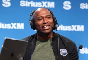 NEW ORLEANS, LOUISIANA - FEBRUARY 05: Shaun Alexander speaks on SiriusXM at Super Bowl LIX on February 05, 2025 in New Orleans, Louisiana.