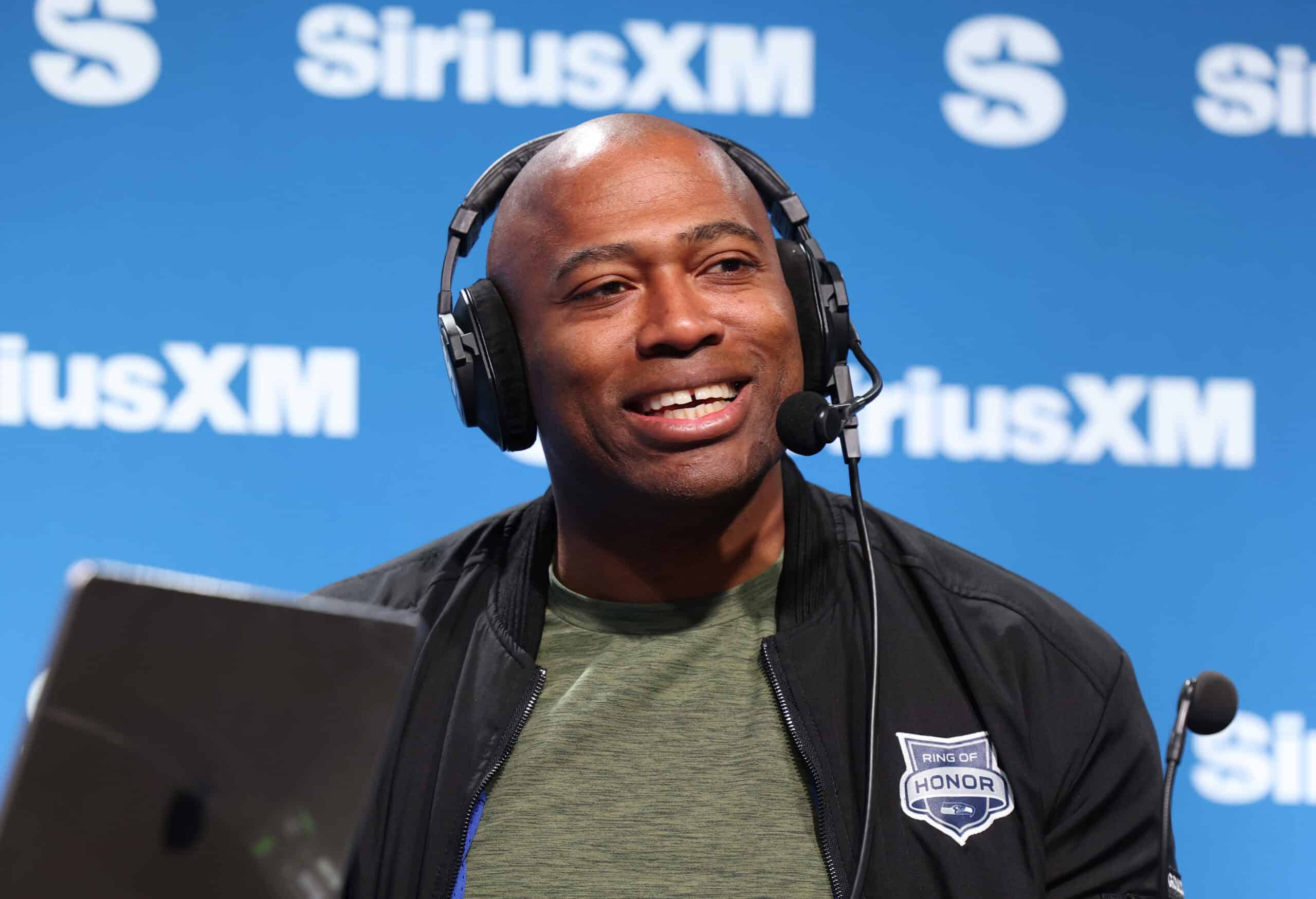 NEW ORLEANS, LOUISIANA - FEBRUARY 05: Shaun Alexander speaks on SiriusXM at Super Bowl LIX on February 05, 2025 in New Orleans, Louisiana.