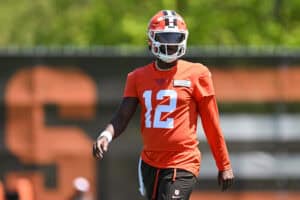 BEREA, OHIO - MAY 10: Shedeur Sanders #12 of the Cleveland Browns looks on during rookie minicamp at CrossCountry Mortgage Campus on May 10, 2025 in Berea, Ohio.