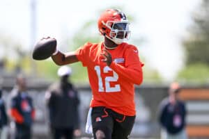 BEREA, OHIO - MAY 10: Shedeur Sanders #12 of the Cleveland Browns throws a pass during rookie minicamp at CrossCountry Mortgage Campus on May 10, 2025 in Berea, Ohio.