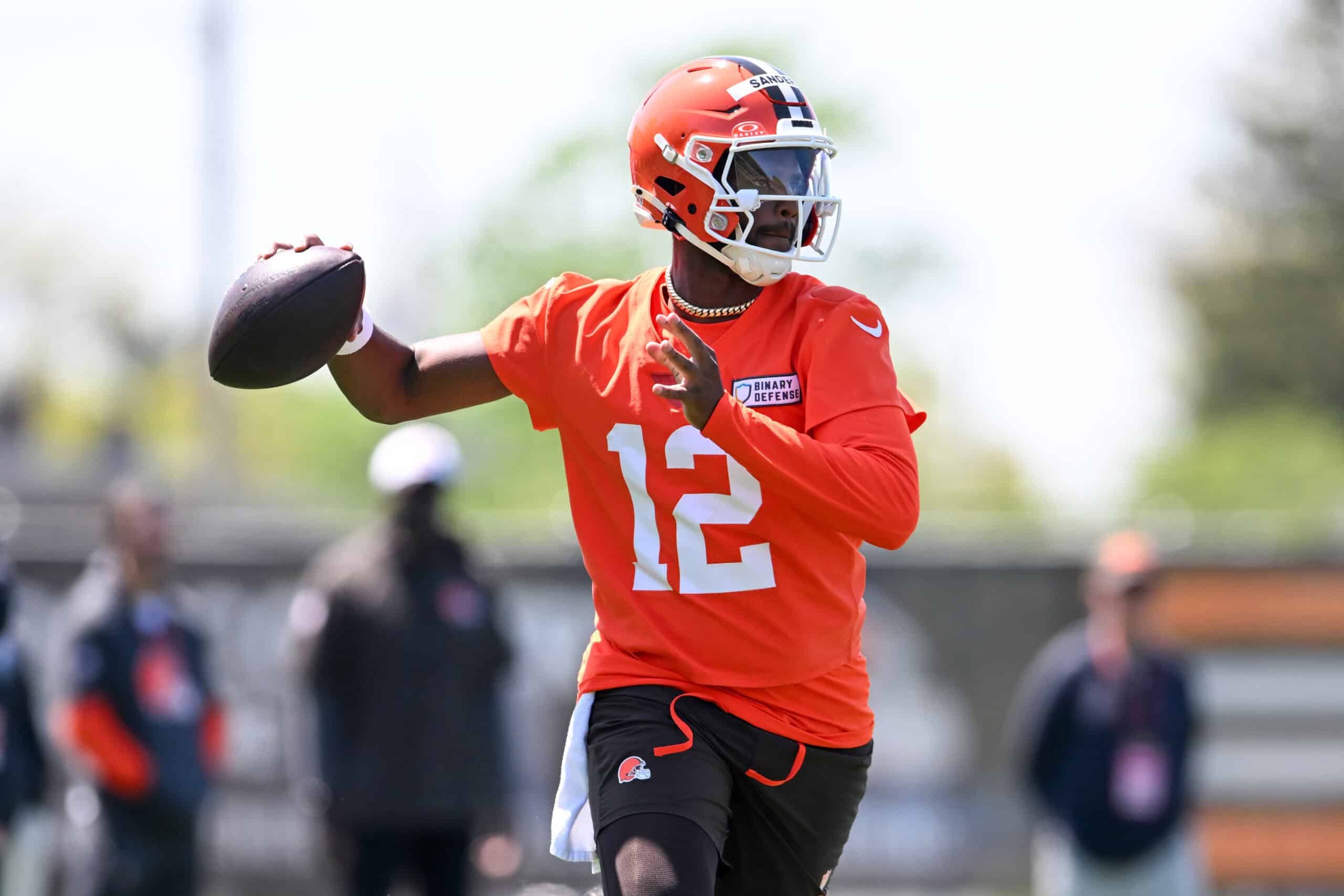 BEREA, OHIO - MAY 10: Shedeur Sanders #12 of the Cleveland Browns throws a pass during rookie minicamp at CrossCountry Mortgage Campus on May 10, 2025 in Berea, Ohio.