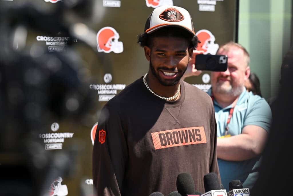 BEREA, OHIO - MAY 10: Shedeur Sanders #12 of the Cleveland Browns answers questions from the media during a press conference prior to rookie minicamp at CrossCountry Mortgage Campus on May 10, 2025 in Berea, Ohio.
