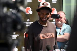 BEREA, OHIO - MAY 10: Shedeur Sanders #12 of the Cleveland Browns answers questions from the media during a press conference prior to rookie minicamp at CrossCountry Mortgage Campus on May 10, 2025 in Berea, Ohio.