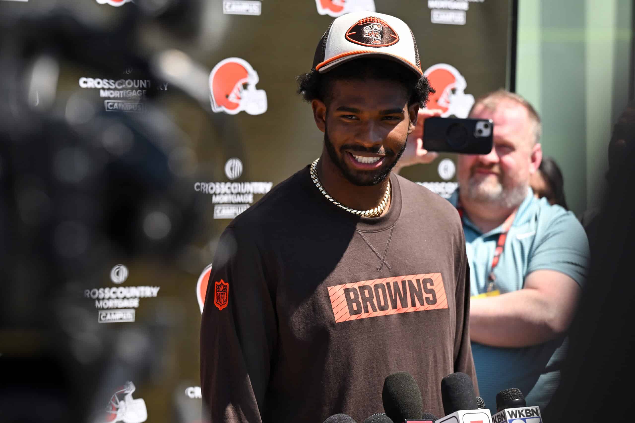 BEREA, OHIO - MAY 10: Shedeur Sanders #12 of the Cleveland Browns answers questions from the media during a press conference prior to rookie minicamp at CrossCountry Mortgage Campus on May 10, 2025 in Berea, Ohio.