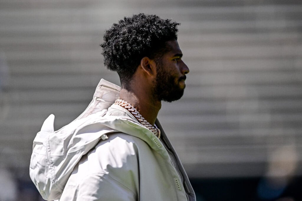 BOULDER, CO - APRIL 19: Former Colorado Buffaloes quarterback Shedeur Sanders looks on before the Black and Gold Spring Game at Folsom Field on April 19, 2025 in Boulder, Colorado.