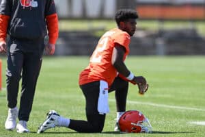 BEREA, OHIO - MAY 10: Shedeur Sanders #12 of the Cleveland Browns looks on during rookie minicamp at CrossCountry Mortgage Campus on May 10, 2025 in Berea, Ohio.