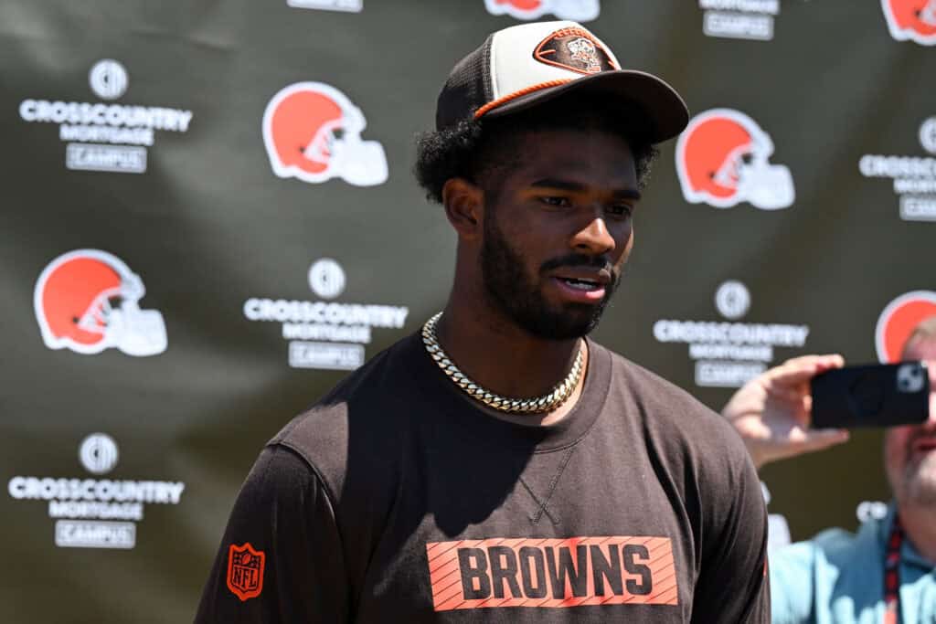 BEREA, OHIO - MAY 10: Shedeur Sanders #12 of the Cleveland Browns answers questions from the media during a press conference prior to rookie minicamp at CrossCountry Mortgage Campus on May 10, 2025 in Berea, Ohio.