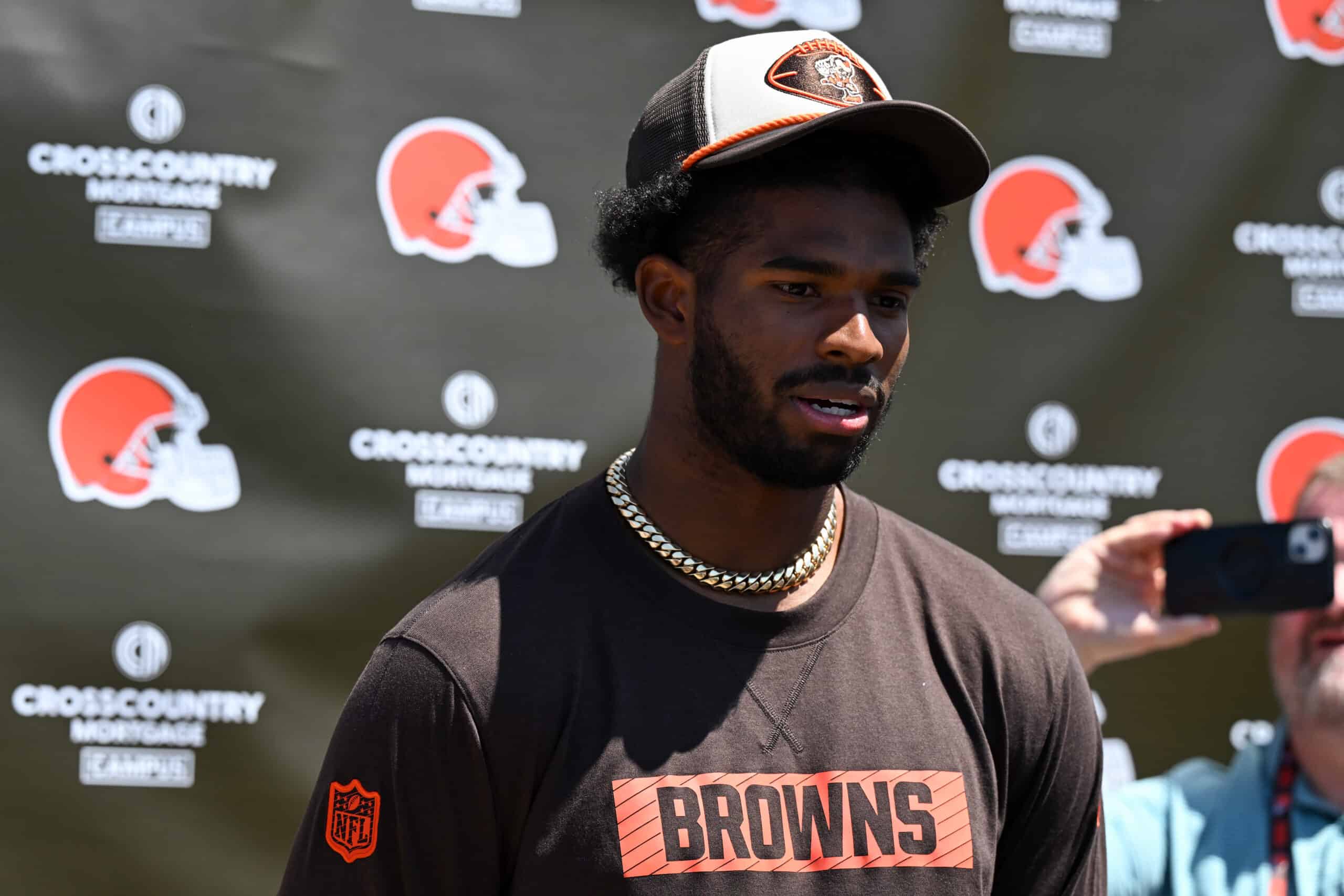 BEREA, OHIO - MAY 10: Shedeur Sanders #12 of the Cleveland Browns answers questions from the media during a press conference prior to rookie minicamp at CrossCountry Mortgage Campus on May 10, 2025 in Berea, Ohio.