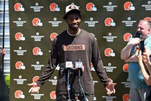BEREA, OHIO - MAY 10: Shedeur Sanders #12 of the Cleveland Browns answers questions from the media during a press conference prior to rookie minicamp at CrossCountry Mortgage Campus on May 10, 2025 in Berea, Ohio.