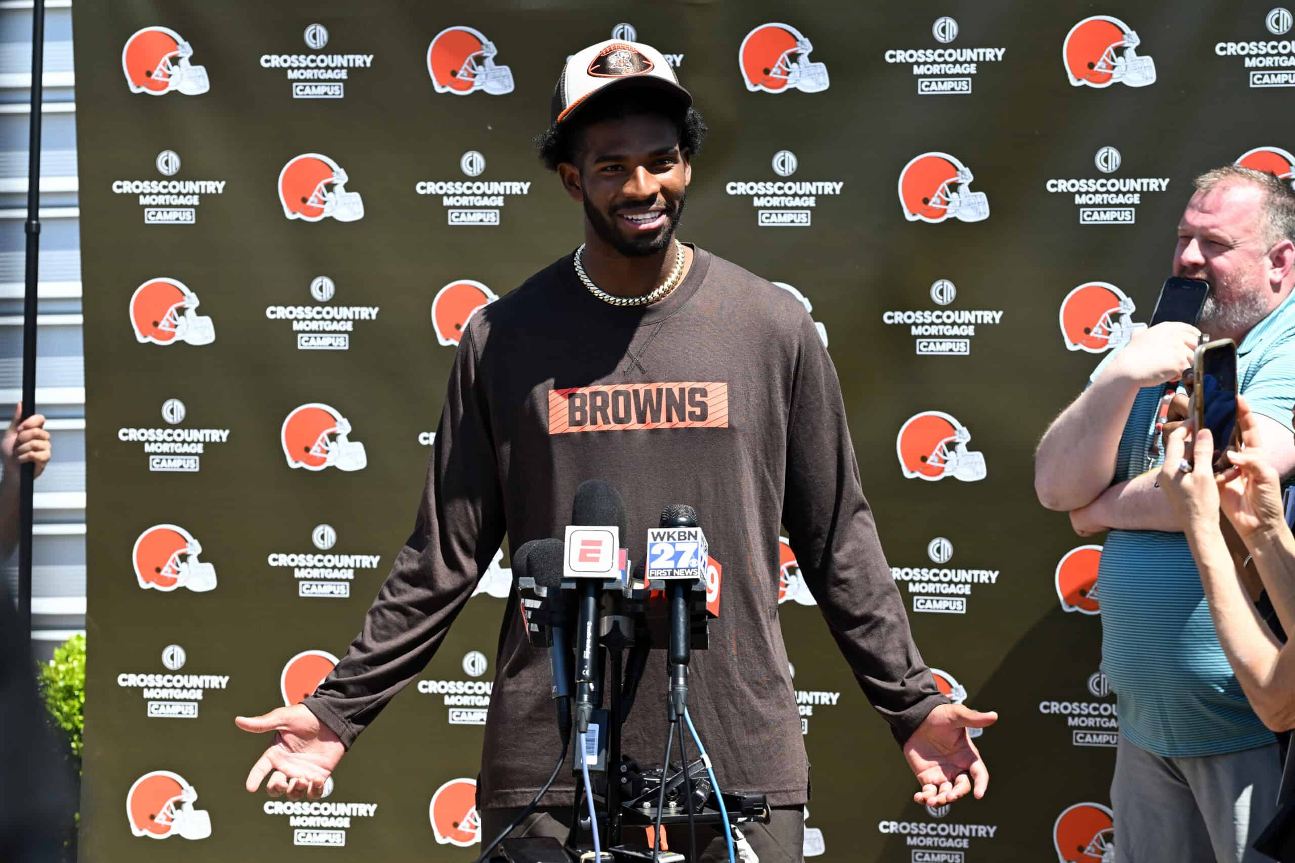 BEREA, OHIO - MAY 10: Shedeur Sanders #12 of the Cleveland Browns answers questions from the media during a press conference prior to rookie minicamp at CrossCountry Mortgage Campus on May 10, 2025 in Berea, Ohio.