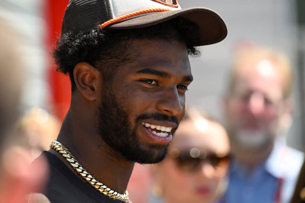 BEREA, OHIO - MAY 10: Shedeur Sanders #12 of the Cleveland Browns answers questions from the media during a press conference prior to rookie minicamp at CrossCountry Mortgage Campus on May 10, 2025 in Berea, Ohio.