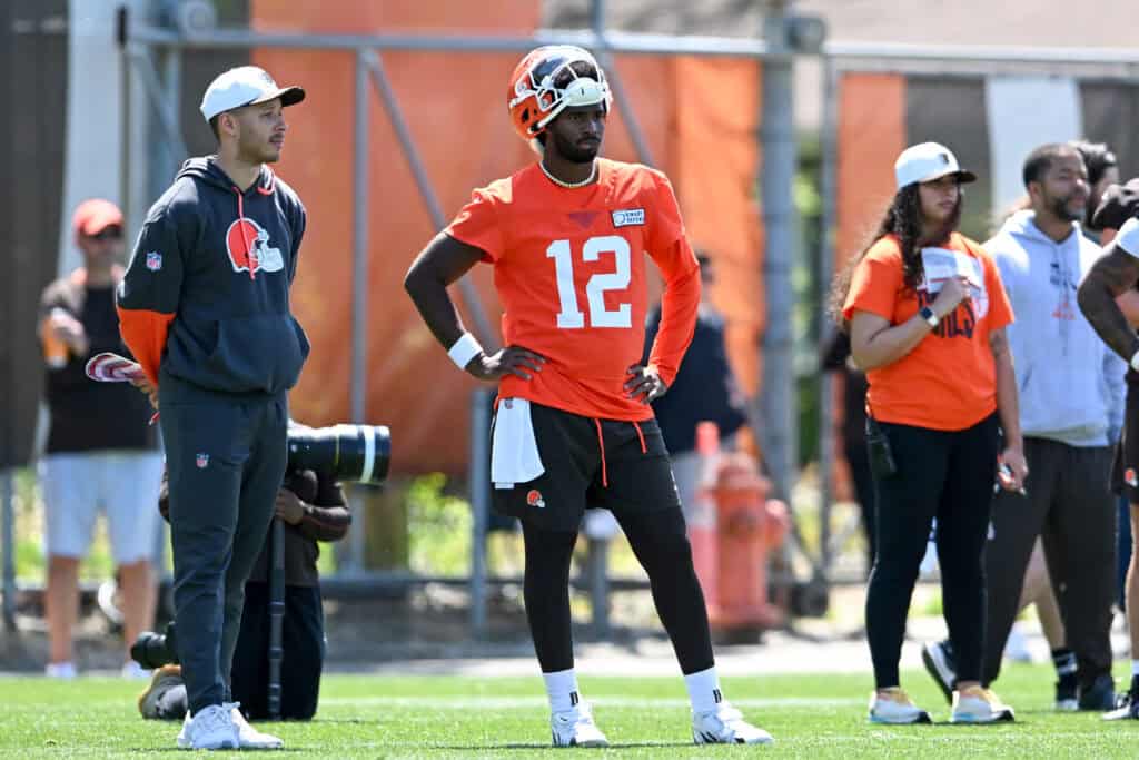 BEREA, OHIO - MAY 10: Shedeur Sanders #12 of the Cleveland Browns looks on during rookie minicamp at CrossCountry Mortgage Campus on May 10, 2025 in Berea, Ohio.