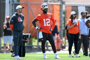 BEREA, OHIO - MAY 10: Shedeur Sanders #12 of the Cleveland Browns looks on during rookie minicamp at CrossCountry Mortgage Campus on May 10, 2025 in Berea, Ohio.