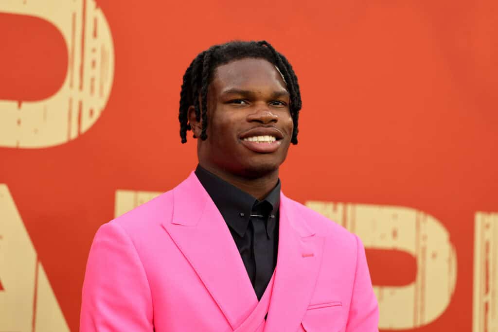 GREEN BAY, WISCONSIN - APRIL 24: Wide Receiver/Cornerback Travis Hunter of Colorado arrives prior to the 2025 NFL Draft at Lambeau Field on April 24, 2025 in Green Bay, Wisconsin.