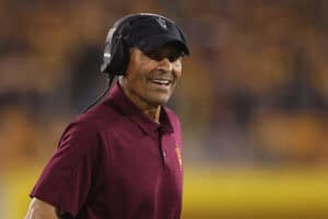 TEMPE, ARIZONA - SEPTEMBER 01: Head coach Herm Edwards of the Arizona State Sun Devils reacts during the first half of the NCAAF game against the Northern Arizona Lumberjacks at Sun Devil Stadium on September 01, 2022 in Tempe, Arizona.