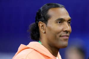 INDIANAPOLIS, INDIANA - MARCH 04: Former NFL player T.J. Houshmandzadeh looks on during the NFL Combine at Lucas Oil Stadium on March 04, 2023 in Indianapolis, Indiana.