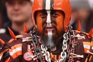 CLEVELAND, OHIO - DECEMBER 10: A Cleveland Browns fan looks on during the first quarter against the Jacksonville Jaguars at Cleveland Browns Stadium on December 10, 2023 in Cleveland, Ohio.