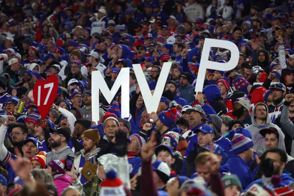 ORCHARD PARK, NEW YORK - NOVEMBER 17: Buffalo Bills fans hold signs cheering for Josh Allen #17 to be MVP of the NFL during the second half against the Kansas City Chiefs at Highmark Stadium on November 17, 2024 in Orchard Park, New York