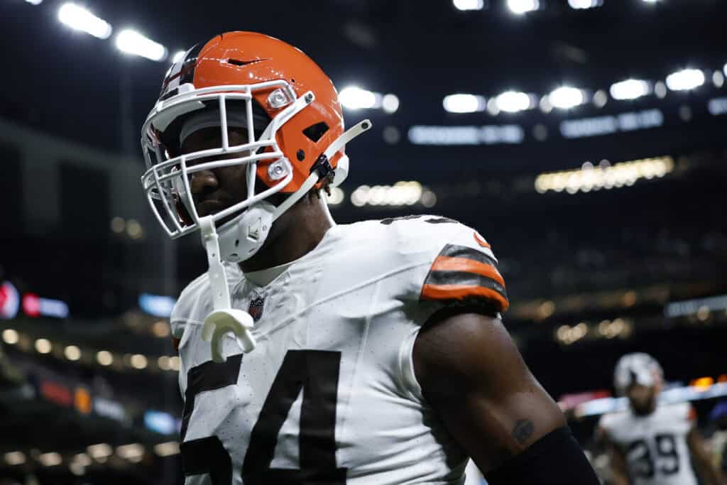 NEW ORLEANS, LOUISIANA - NOVEMBER 17: Ogbo Okoronkwo #54 of the Cleveland Browns looks on during the game against the New Orleans Saints at Caesars Superdome on November 17, 2024 in New Orleans, Louisiana.