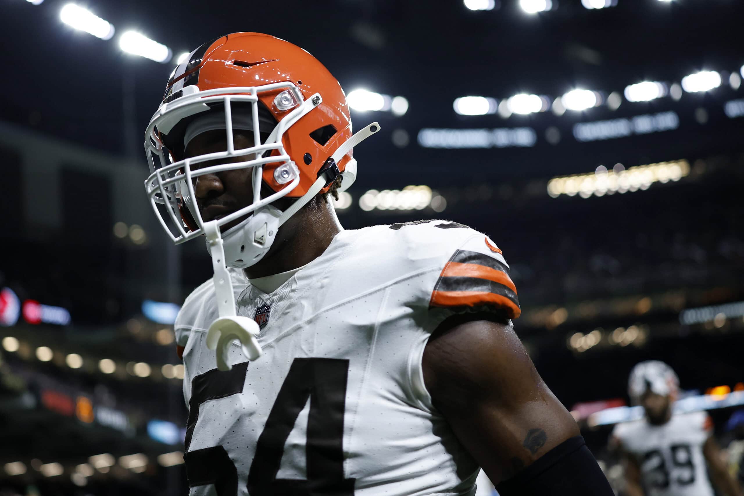 NEW ORLEANS, LOUISIANA - NOVEMBER 17: Ogbo Okoronkwo #54 of the Cleveland Browns looks on during the game against the New Orleans Saints at Caesars Superdome on November 17, 2024 in New Orleans, Louisiana.