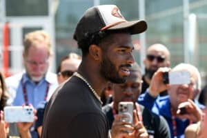 BEREA, OHIO - MAY 10: Shedeur Sanders #12 of the Cleveland Browns answers questions from the media during a press conference prior to rookie minicamp at CrossCountry Mortgage Campus on May 10, 2025 in Berea, Ohio.