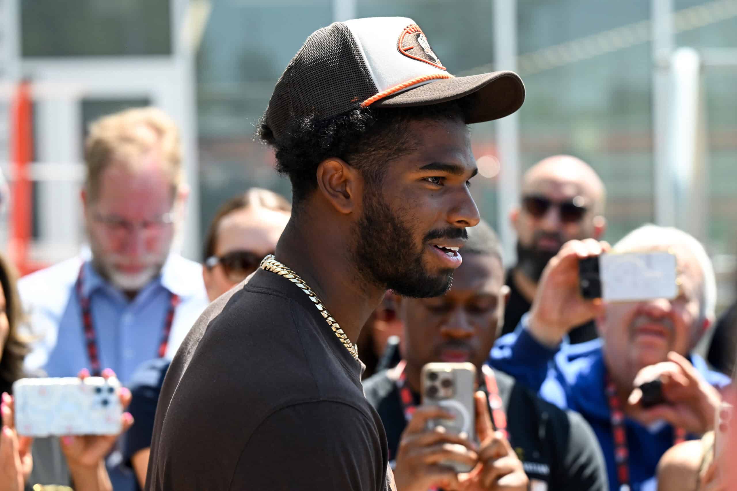 BEREA, OHIO - MAY 10: Shedeur Sanders #12 of the Cleveland Browns answers questions from the media during a press conference prior to rookie minicamp at CrossCountry Mortgage Campus on May 10, 2025 in Berea, Ohio.