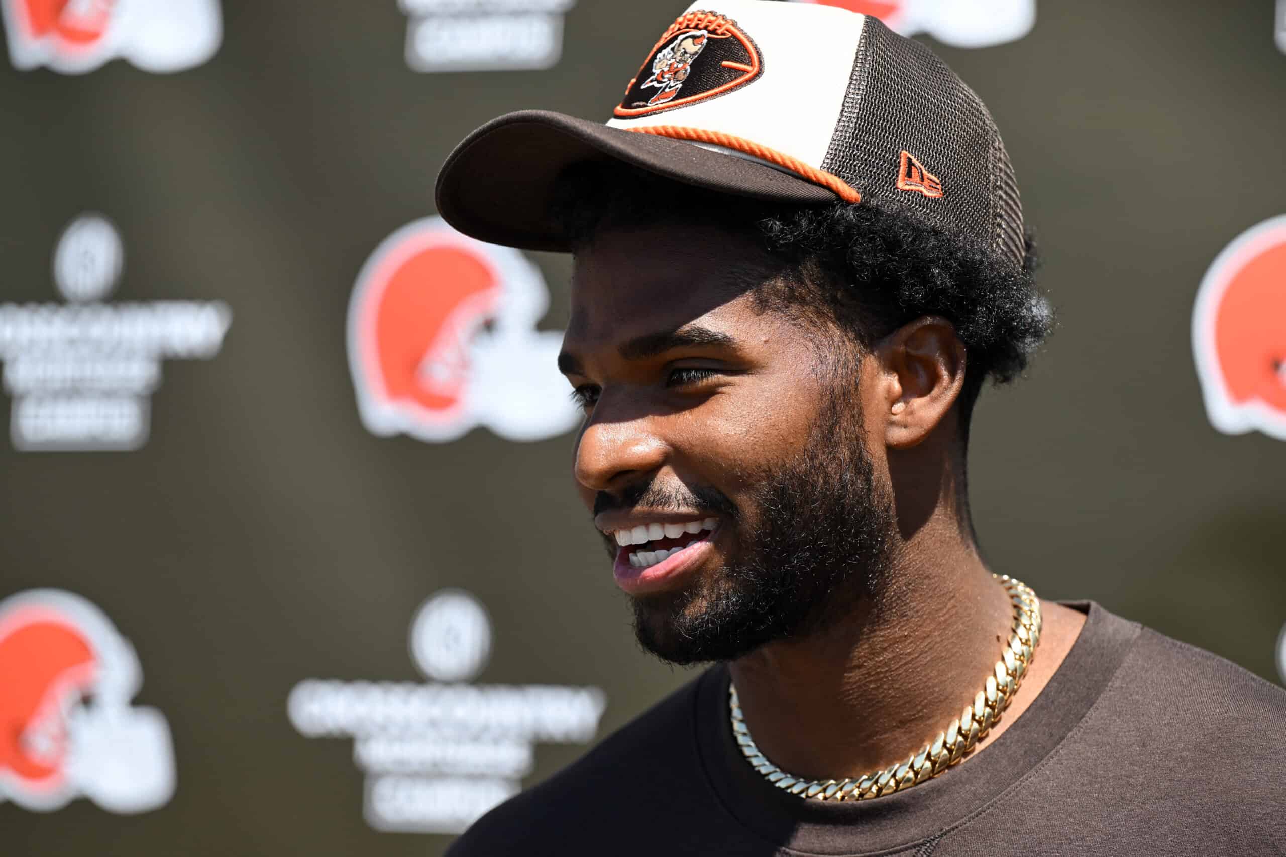 BEREA, OHIO - MAY 10: Shedeur Sanders #12 of the Cleveland Browns answers questions from the media during a press conference prior to rookie minicamp at CrossCountry Mortgage Campus on May 10, 2025 in Berea, Ohio.