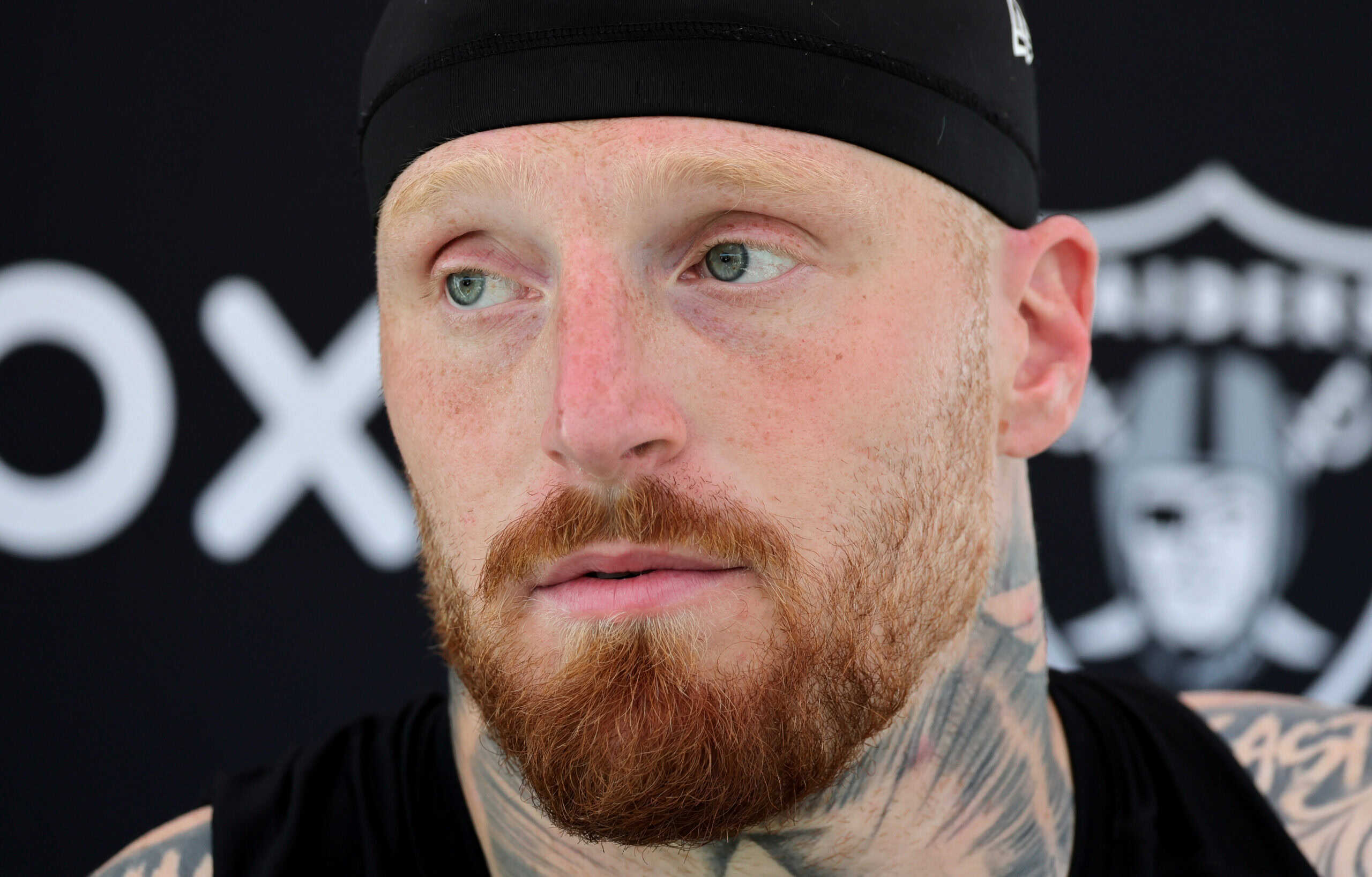 HENDERSON, NEVADA - MAY 21: Maxx Crosby #98 of the Las Vegas Raiders attends a news conference after an OTA offseason workout at the Las Vegas Raiders Headquarters/Intermountain Healthcare Performance Center on May 21, 2025 in Henderson, Nevada.