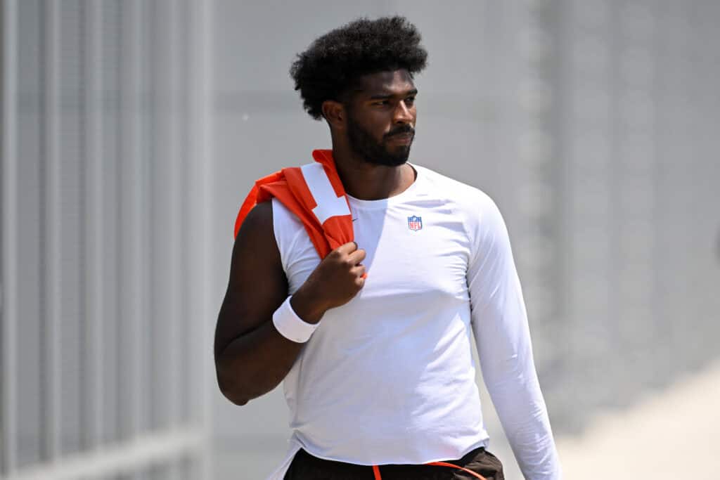 BEREA, OHIO - JUNE 04: Shedeur Sanders #12 of the Cleveland Browns walks off the field after Cleveland Browns OTA offseason workouts at CrossCountry Mortgage Campus on June 04, 2025 in Berea, Ohio.