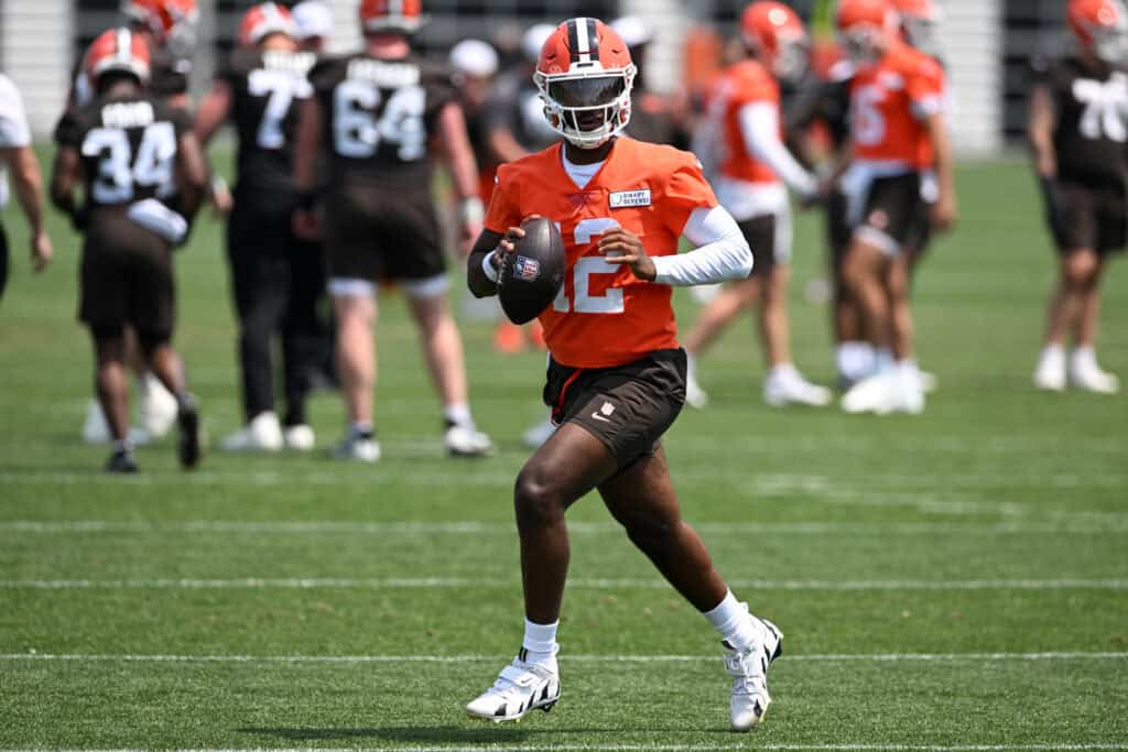 BEREA, OHIO - JUNE 04: Shedeur Sanders #12 of the Cleveland Browns runs a drill during Cleveland Browns OTA offseason workouts at CrossCountry Mortgage Campus on June 04, 2025 in Berea, Ohio.
