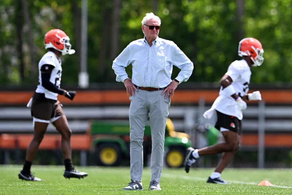 BEREA, OHIO - JUNE 10: Managing and principal partner Jimmy Haslam of the Cleveland Browns looks on during Cleveland Browns mandatory minicamp at CrossCountry Mortgage Campus on June 10, 2025 in Berea, Ohio.