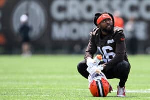 BEREA, OHIO - JUNE 10: Diontae Johnson #16 of the Cleveland Browns looks on during Cleveland Browns mandatory minicamp at CrossCountry Mortgage Campus on June 10, 2025 in Berea, Ohio.