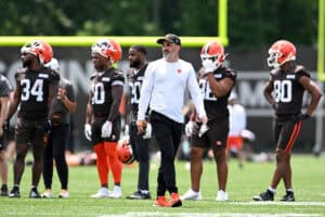 BEREA, OHIO - JUNE 10: Head coach Kevin Stefanski of the Cleveland Browns watches a drill during Cleveland Browns mandatory minicamp at CrossCountry Mortgage Campus on June 10, 2025 in Berea, Ohio.