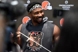 BEREA, OHIO - JUNE 10: Myles Garrett #95 of the Cleveland Browns answers questions from the media during a press conference after Cleveland Browns mandatory minicamp at CrossCountry Mortgage Campus on June 10, 2025 in Berea, Ohio