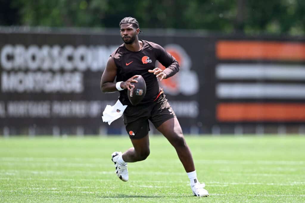 BEREA, OHIO - JUNE 10: Shedeur Sanders #12 of the Cleveland Browns runs a drill after Cleveland Browns mandatory minicamp at CrossCountry Mortgage Campus on June 10, 2025 in Berea, Ohio.