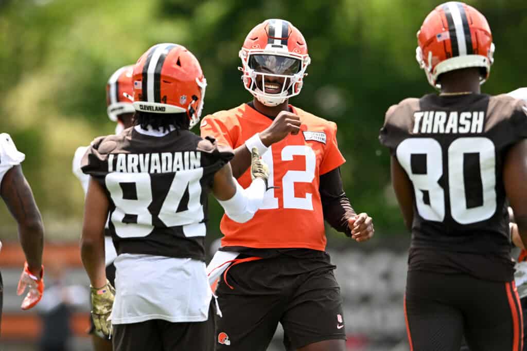 BEREA, OHIO - JUNE 10: Shedeur Sanders #12 and Gage Larvadain #84 of the Cleveland Browns celebrate during Cleveland Browns mandatory minicamp at CrossCountry Mortgage Campus on June 10, 2025 in Berea, Ohio.