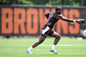 BEREA, OHIO - JUNE 10: Shedeur Sanders #12 of the Cleveland Browns runs a drill after Cleveland Browns mandatory minicamp at CrossCountry Mortgage Campus on June 10, 2025 in Berea, Ohio.