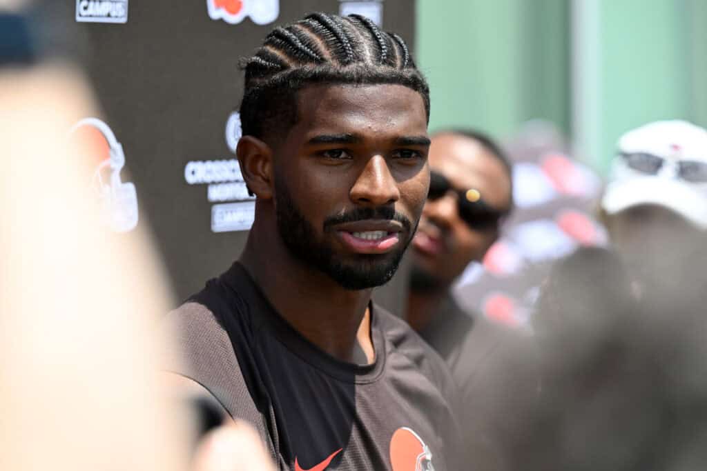 BEREA, OHIO - JUNE 10: Shedeur Sanders #12 of the Cleveland Browns answers questions from the media during a press conference after Cleveland Browns mandatory minicamp at CrossCountry Mortgage Campus on June 10, 2025 in Berea, Ohio.