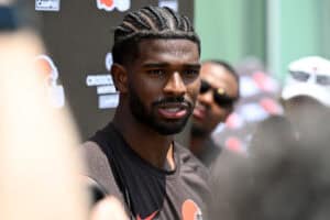 BEREA, OHIO - JUNE 10: Shedeur Sanders #12 of the Cleveland Browns answers questions from the media during a press conference after Cleveland Browns mandatory minicamp at CrossCountry Mortgage Campus on June 10, 2025 in Berea, Ohio.