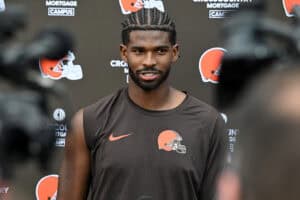 BEREA, OHIO - JUNE 10: Shedeur Sanders #12 of the Cleveland Browns answers questions from the media during a press conference after Cleveland Browns mandatory minicamp at CrossCountry Mortgage Campus on June 10, 2025 in Berea, Ohio.