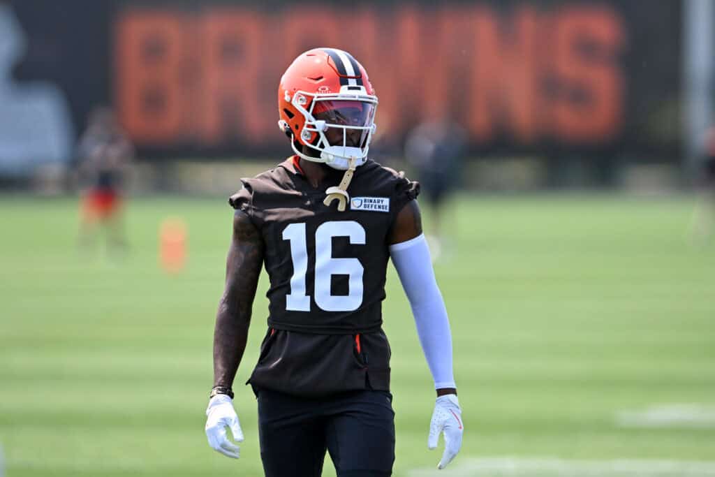 BEREA, OHIO - JUNE 11: Diontae Johnson #16 of the Cleveland Browns looks on during Cleveland Browns mandatory minicamp at CrossCountry Mortgage Campus on June 11, 2025 in Berea, Ohio.
