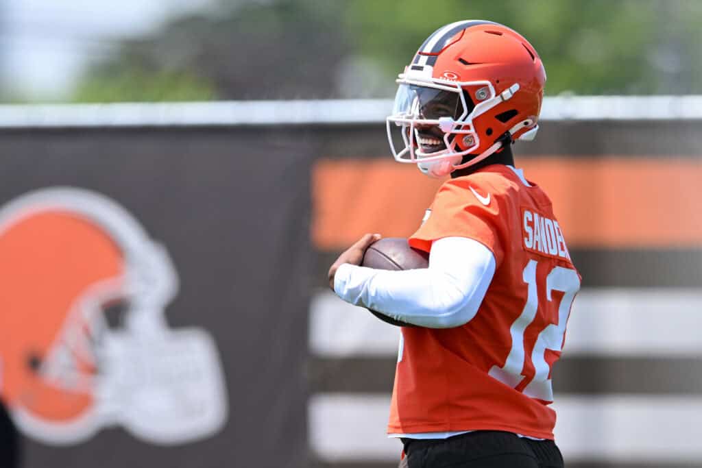 BEREA, OHIO - JUNE 11: Shedeur Sanders #12 of the Cleveland Browns looks on during Cleveland Browns mandatory minicamp at CrossCountry Mortgage Campus on June 11, 2025 in Berea, Ohio.