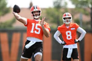 BEREA, OHIO - JUNE 04: Joe Flacco #15 of the Cleveland Browns throws a pass during Cleveland Browns OTA offseason workouts at CrossCountry Mortgage Campus on June 04, 2025 in Berea, Ohio.