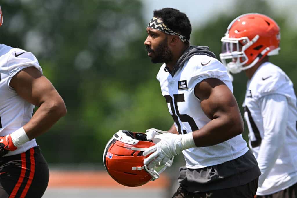 BEREA, OHIO - JUNE 10: Myles Garrett #95 of the Cleveland Browns looks on during Cleveland Browns mandatory minicamp at CrossCountry Mortgage Campus on June 10, 2025 in Berea, Ohio.