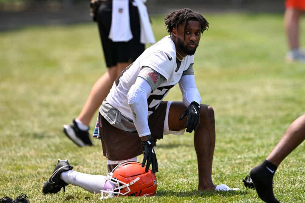 BEREA, OHIO - JUNE 04: Denzel Ward #21 of the Cleveland Browns looks on during Cleveland Browns OTA offseason workouts at CrossCountry Mortgage Campus on June 04, 2025 in Berea, Ohio.