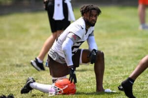 BEREA, OHIO - JUNE 04: Denzel Ward #21 of the Cleveland Browns looks on during Cleveland Browns OTA offseason workouts at CrossCountry Mortgage Campus on June 04, 2025 in Berea, Ohio.
