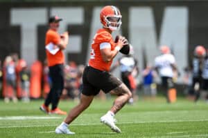 BEREA, OHIO - JUNE 04: Dillon Gabriel #5 of the Cleveland Browns runs a drill during Cleveland Browns OTA offseason workouts at CrossCountry Mortgage Campus on June 04, 2025 in Berea, Ohio.