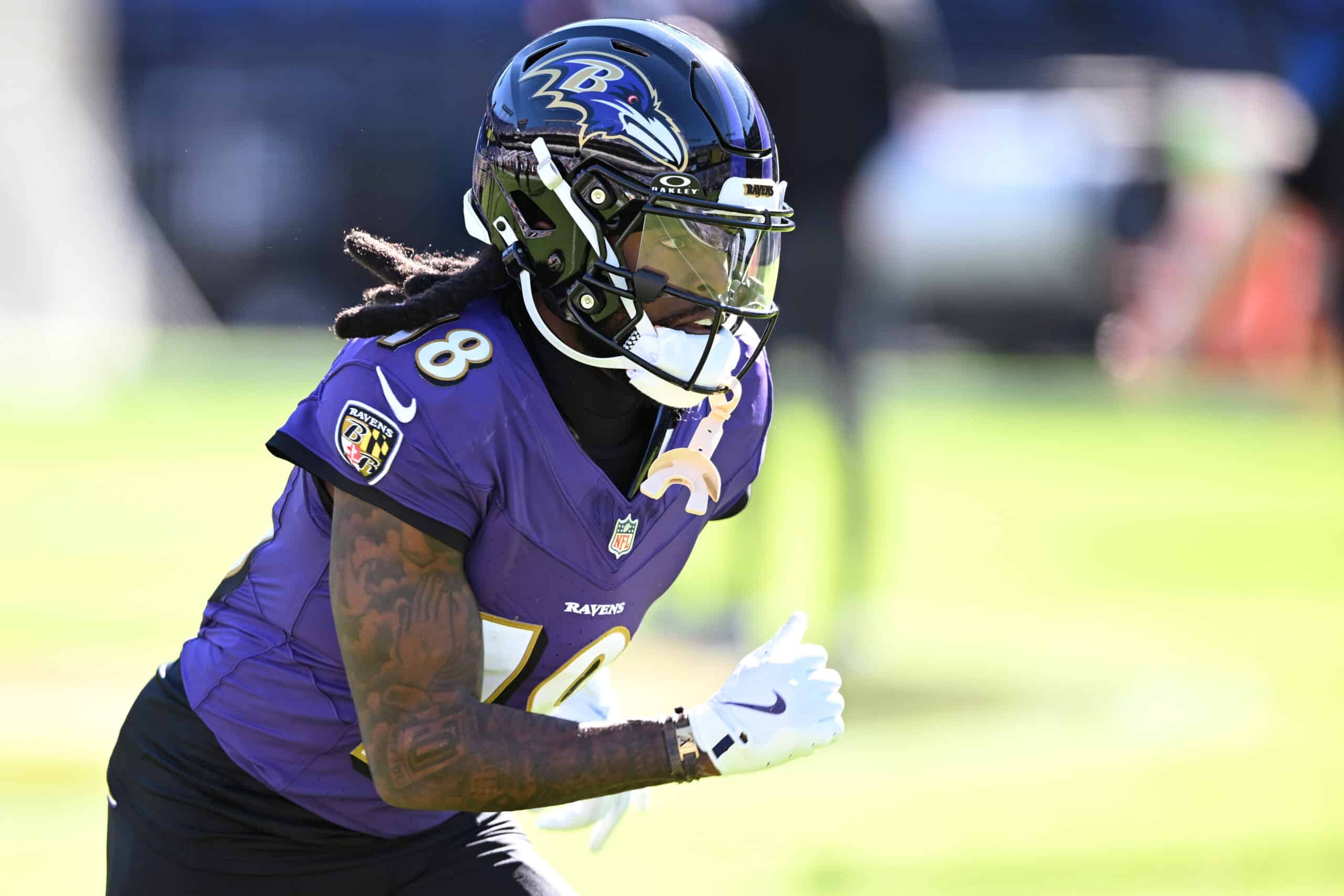 BALTIMORE, MARYLAND - NOVEMBER 03: Diontae Johnson #18 of the Baltimore Ravens warms up prior to a game against the Denver Broncos at M&T Bank Stadium on November 03, 2024 in Baltimore, Maryland.