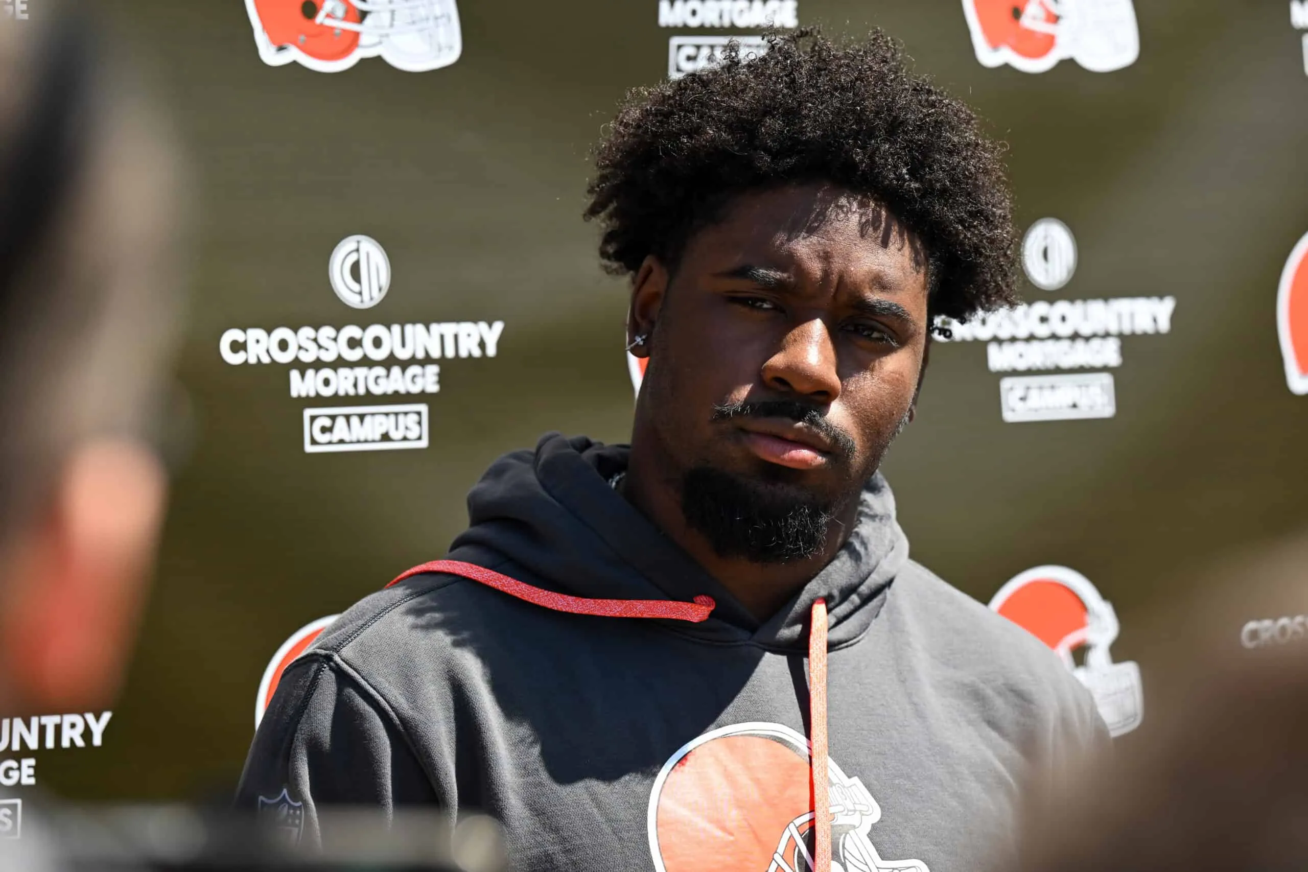 BEREA, OHIO - MAY 09: Dylan Sampson #22 of the Cleveland Browns listens to questions from the media during a press conference prior to rookie minicamp at CrossCountry Mortgage Campus on May 09, 2025 in Berea, Ohio.