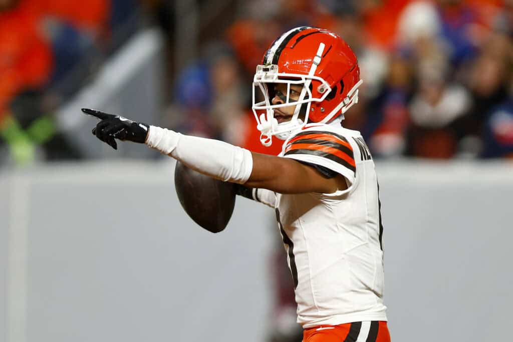 DENVER, COLORADO - DECEMBER 02: Greg Newsome II #0 of the Cleveland Browns celebrates a interception during the second quarter in the game against the Denver Broncos at Empower Field At Mile High on December 02, 2024 in Denver, Colorado.